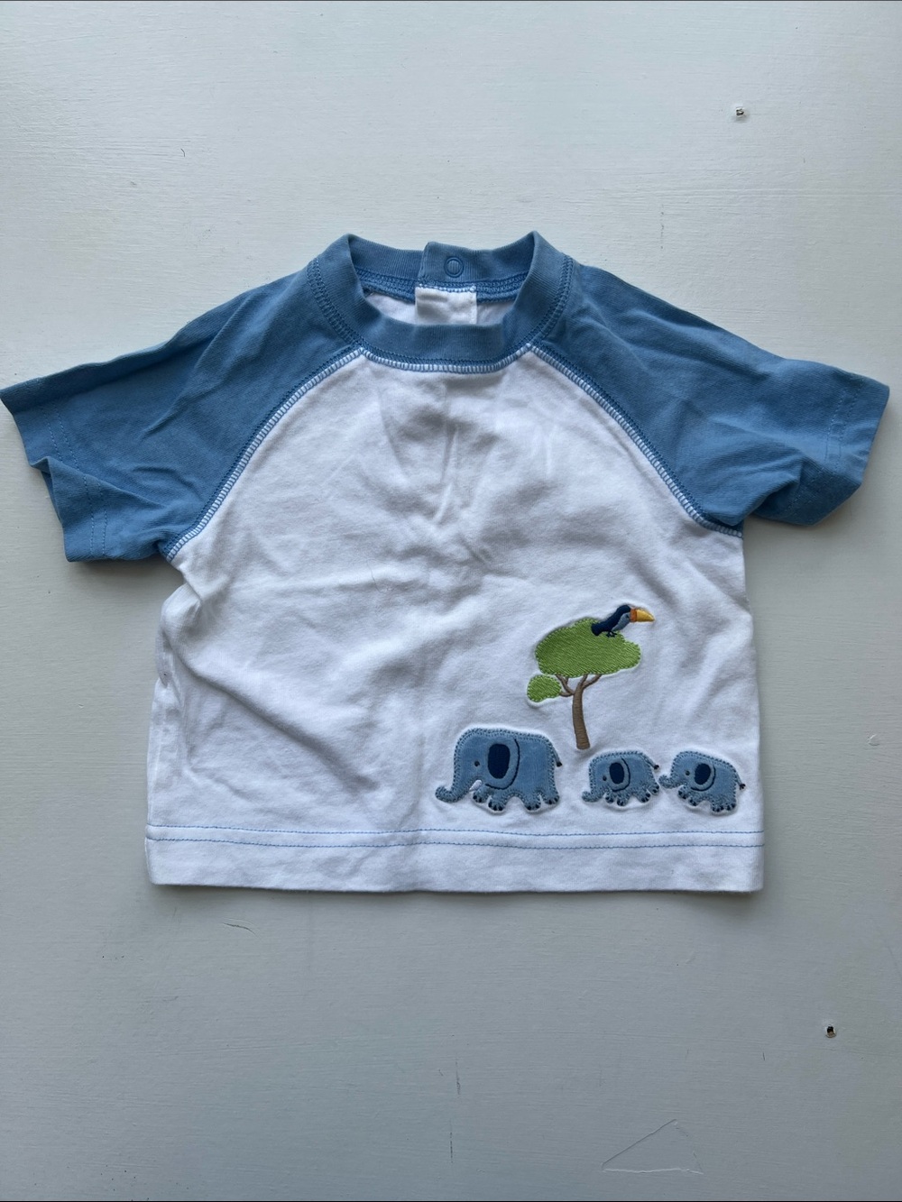 Gymboree White Tee with Blue Raglan Sleeves and Elephant Applique